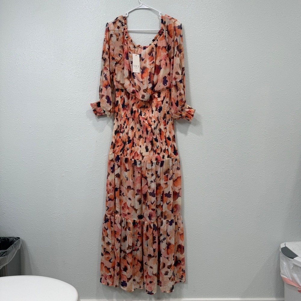 VICI Floral Smocked Waist Tiered Maxi Dress Orange Purple XL New With Tags
